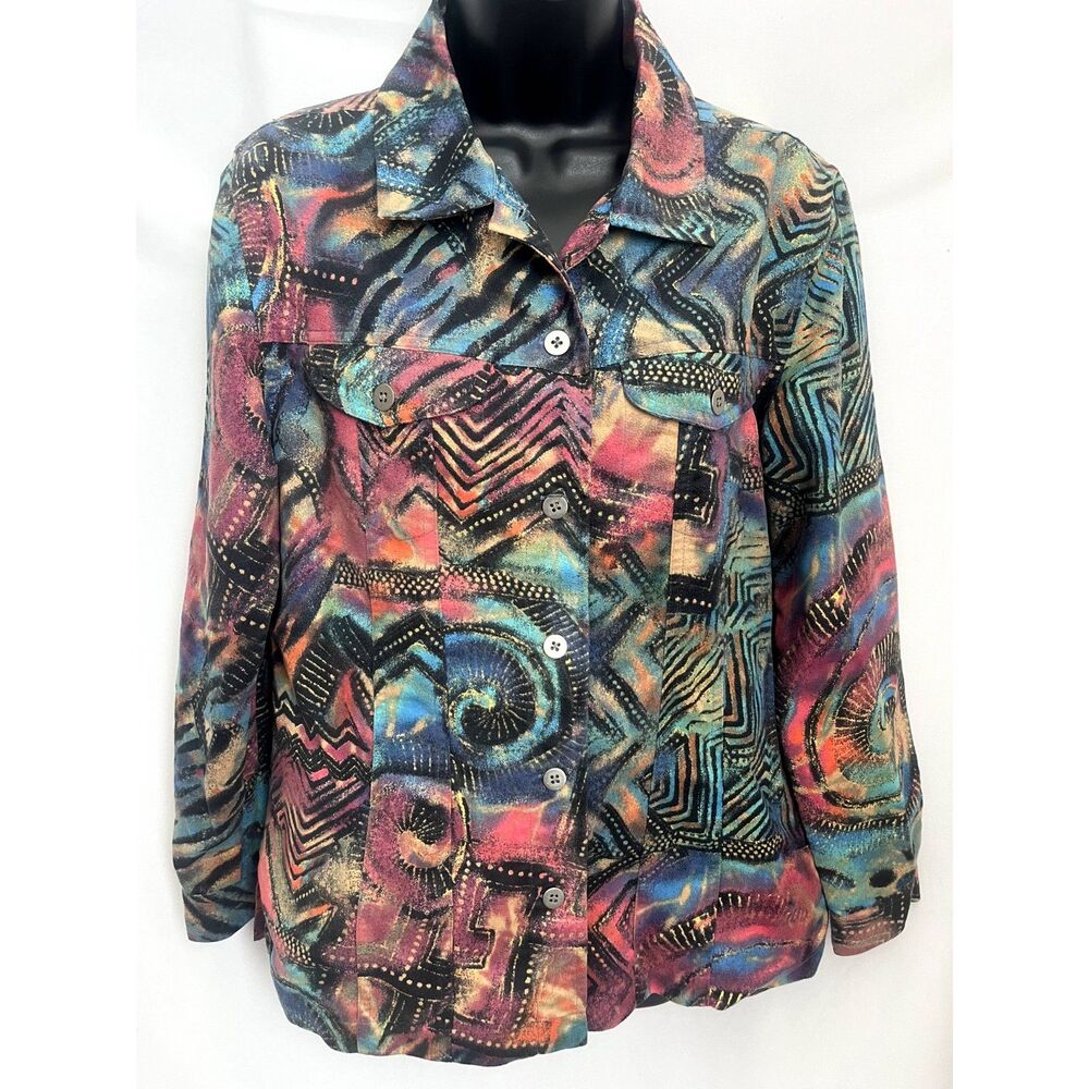 Chico's Abstract Artsy Jacket Colorful Retro 70s 80s Size M Button Down Shacket